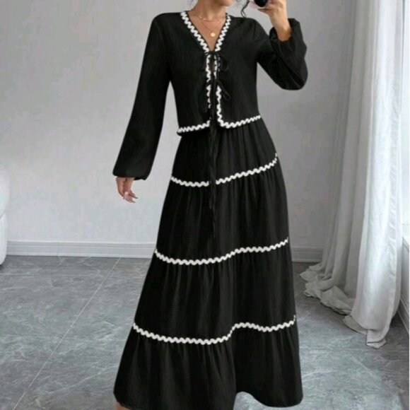 Elegant Lantern Sleeve Round Neck Wavy Ruffle Trim Bow Tie Blouse & Skirt Set - Picture 1 of 6